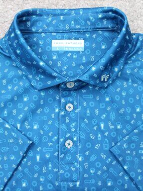 Fore Fathers AOP Polo Shirt Mens Large Blue Drinking All Over Print Golf S/S